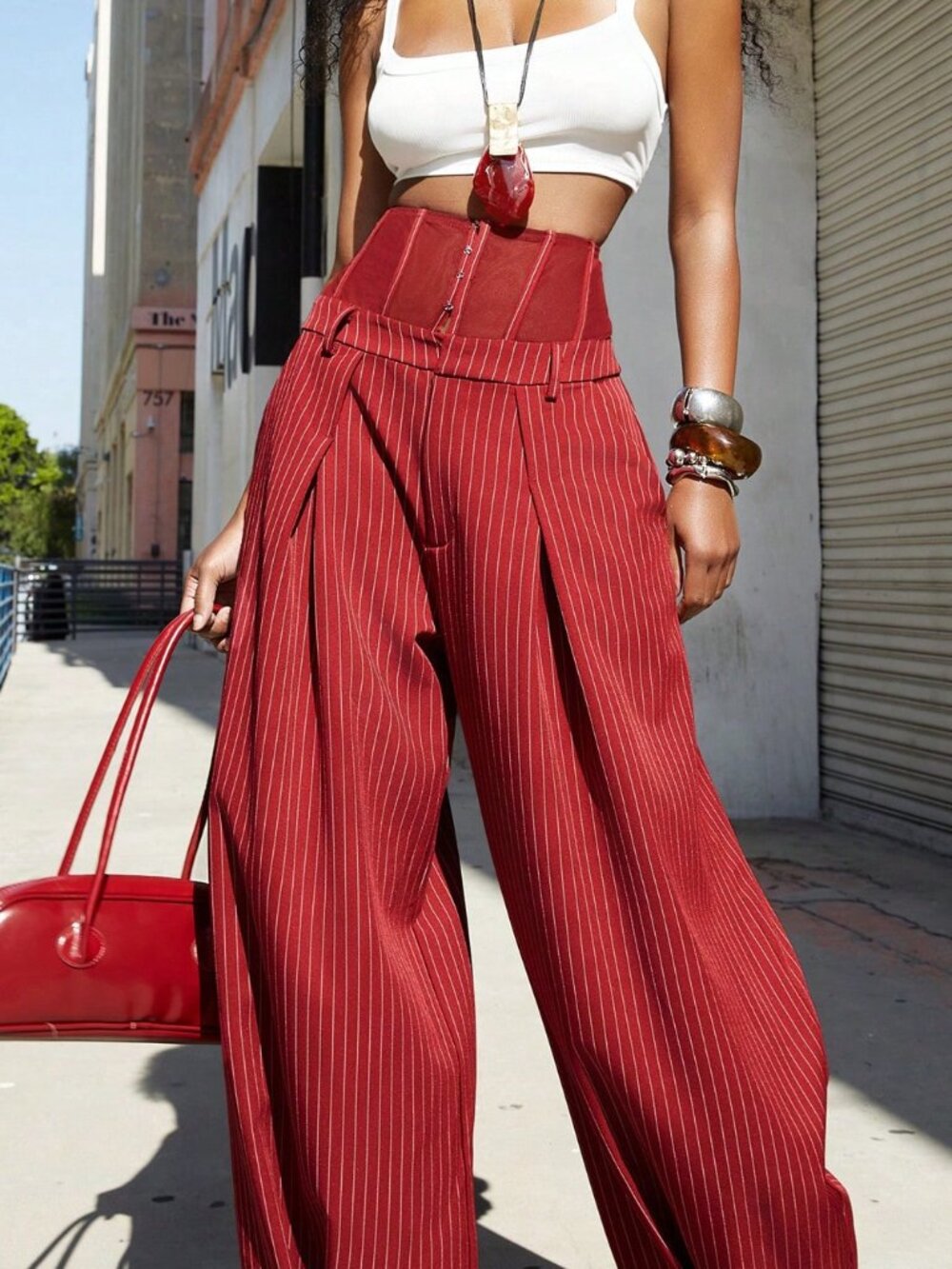 Red and White Casual Women's Corset Style Trousers with Pockets - Picture 1 of 7